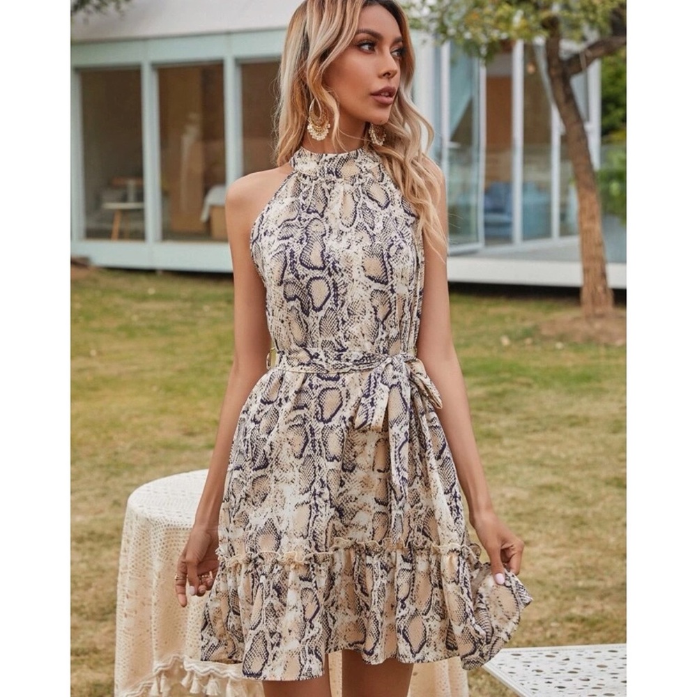 Halterneck Ruffle Hem Belted Snakeskin Dress